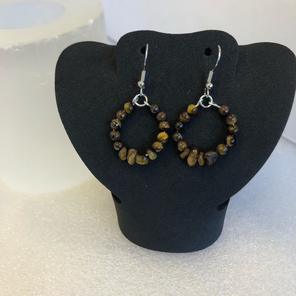 Tigers eye hoop earrings handmade gemstone circle dangle earrings - Picture 3 of 7